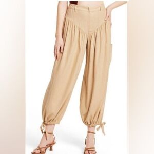 Noel Women's Tan Linen Blend Wide Leg Drawstring Hem Pants. Size 12